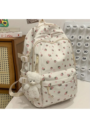 Oldfriend Orchid Askı Aksesuarlı Çilek Baskılı Kalp Kesmeli Sırt Çantası Geniş Kapasiteli Orkide + Asılı Süs - 2 Parça