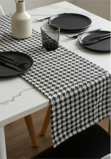 Siyah Beyaz Kazayağı Şık Masa Runnerı 50x150 Cm Modern Ve Zarif Masa Örtüsü Runner Siyah Beyaz Kazayağı