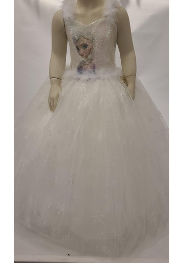 Kız Çocuk Tarlatanlı Simli Frozen Abiye-8076-krem Krem