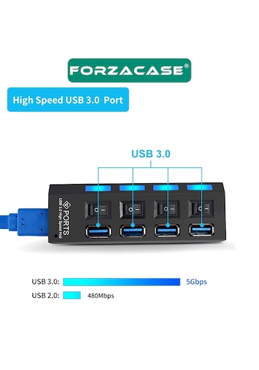 Forzacase FC800 Işıklı Düğmeli 4 Port USB 3.0 Port Çoğaltıcı Hub Switch
