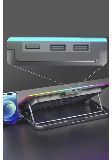 Gri Antresit Rgb 2 Fanlı 9-17" Inç 1.200rpm Telefon Tutacaklı Notebook Dizüstü Soğutucu Stand S-04