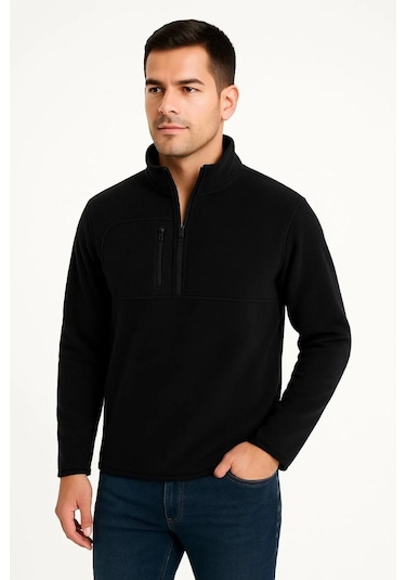 Erkek Polar Kazak Dik Yaka, Yarım Fermuarlı, Fermuarlı Göğüs Cepli, Siyah Biyeli, Kışlık Rahat Reg Siyah