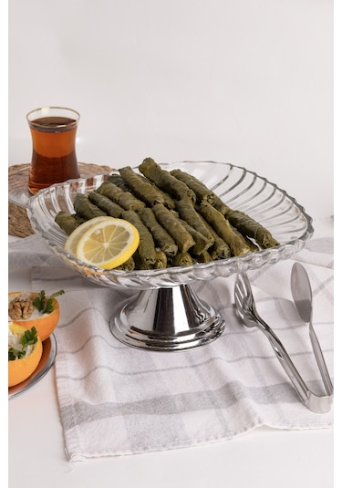 Gümüş Ayaklı Kare Cam Sunumluk Kase, Sarma, Dolma, Salata, Meyve, Ve Pasta Sunum Stantı, Çeyizlik Gümüş