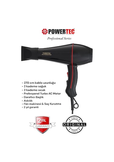 Powertec TR-601/TR-601S Turbo Profesyonel 2500 W Saç Kurutma Makinesi Siyah