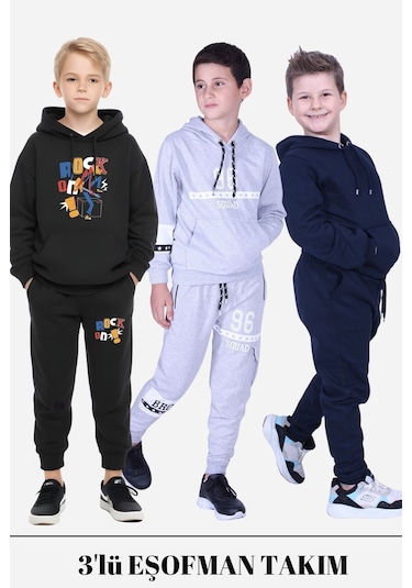 Fyk Kids Erkek Çocuk 3lü Kapüşonlu Kanguru Cepli Baskı Detaylı Eşofman Takımı Çok Renkli