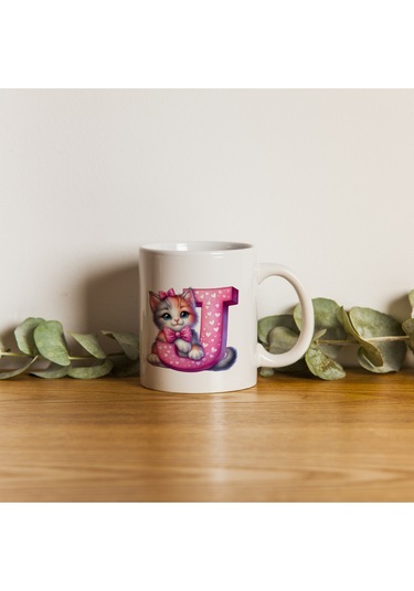 J Harfli Bardak, Sevimli Kedili Pembe Tasarım Bardak, Arkadaşa Aileye Hediye Porselen Beyaz
