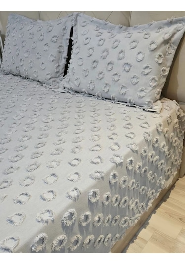 Ponpon Desenli 3 Parça Çift Kişilik Yatak Örtüsü Gri