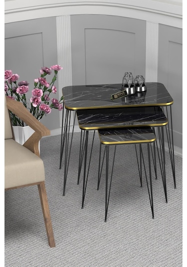 Zigon Sehpa Kr Çift Bendir Tel Siyah Ayak Siyah Mermer Desen