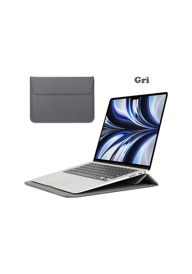 Macbook Pro 14 İnç M3 A2992 A2918 Uyumlu Deri Mıknatıslı Çanta Stantlı Şık Tasarım Koyu Gri