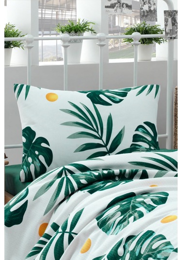 Tek Kişilik Doğal Pike Baskılı Monstera Yeşil Yeşil