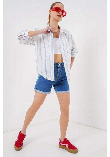 Gülsüm Aydın Çizgili Oversize Gömlek 20278 - Beyaz Beyaz