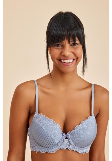 Paris Gri Mavi Balenli Dantelli Dolgulu Push-up Sütyen Mavi