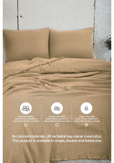 %100 Pamuk Müslin Yatak Örtüsü Tek Kişilik 4 Katlı Battaniye 2 Parça Müslin Pike Seti Bej Bej