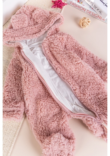 Kapüşonlu Welsoft Peluş Kışlık Kız/erkek Bebek Tulum Gülkurusu