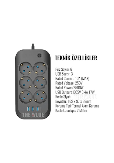 Çoklu 6'lı Priz Akım Korumalı 3xusb 3.4a 2500 Watt 2 Metre Uzatma Diğer