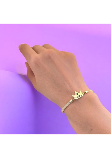 Archin Hristiyan Haçı Temalı Hasır Kordonlu Taç Figürlü 14 Ayar Altın Plakalı Hediye Bileklik-464sembol Hristiyan Haçı