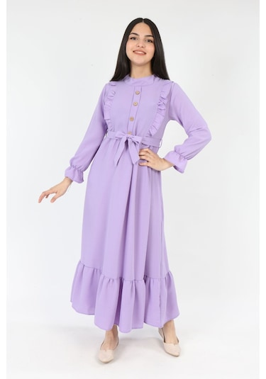 Genc Kiz Elbise Uzun Kollu Tesettür Uygun Jile Lila