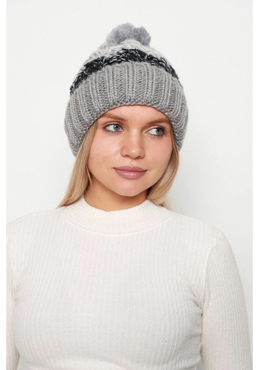 Ponpon Detay Örgü İçi Kürklü Kadın Bere Rkş-21 Gri Gri