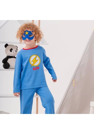 Heros Desenli Çanta Ve Maskeli % 100 Pamuk Erkek Çocuk Pijama Takımı Mavi