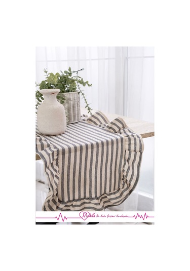 Gri Çizgili 40x125 Şık Tasarım Ekstra Büyük Fırfırlı Runner, %100 Keten Runner Bej