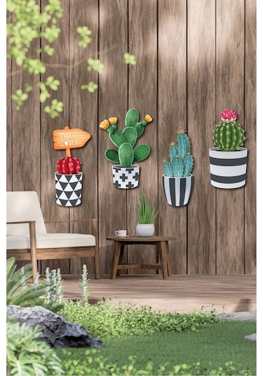 No77Decor Ahşap Kaktüs Duvar Dekorasyon Seti 4 Parça