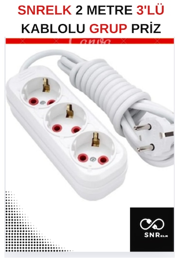 Snrelk 2 Metre 3'lü Cca Kablolu Düz Topraklı Fişli Grup Priz