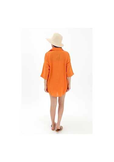 Pamuk Keten Şort Gömlek Kadın İkili Takım - Turuncu-turuncu Turuncu
