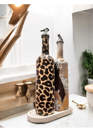 Leopar Desenli Zeytinyağı Sıvıyağ Şişesi Yağdanlık Yağlık, Sirkelik, Sosluk 2'li Set, Ev Dekoru Kahverengi