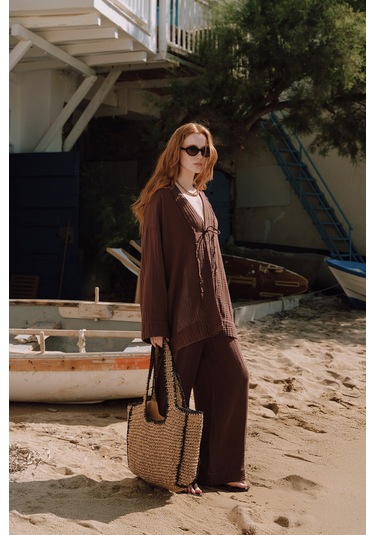 Müslin Geniş Kollu Kimono Acı Kahve Acı Kahve