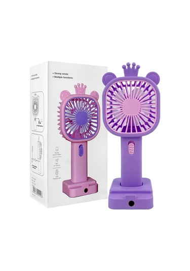 Şarj Edilebilir Fanlı Kulaklı Taçlı Kalemtraşlı Telefon Tutuculu Vantilatör - Mor
