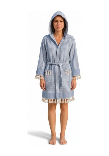 Kapşonlu Unisex Peştemal Plaj Bornozu %100 Pamuklu Seaside Stripe Mavi