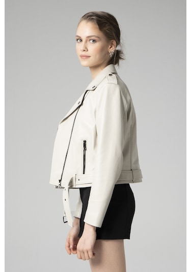 Bej Dericlub Wm021 Gerçek Deri Biker Kadın Deri Mont