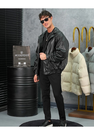Modefendi Yüksek Kalite Bomber Oversize Deri Mont Siyah