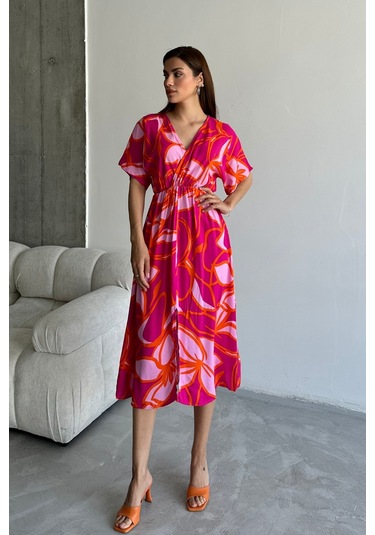 Kadın Pembe Derin V Yaka Yazlık Uzun Önden Yırtmaçlı Viskon Elbise