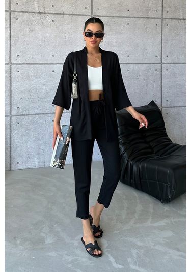 Modagen Kadın Siyah Kimono Alt Üst Havuç Pantolon Takım Siyah