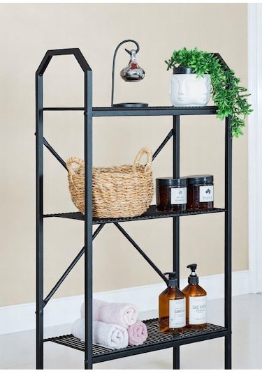 Metal Ayaklı 3 Raflı Banyo Rafı Klozet Üstü Dekoratif Raf Siyah