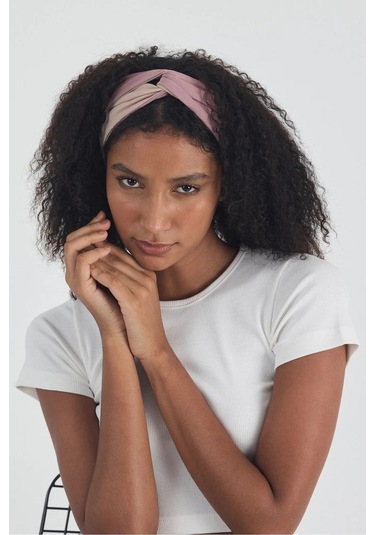 Beyaz Kısa Kol Bisiklet Yaka Vücuda Oturan Kaşkorse Crop + Bandana Set %100 Pamumklu, Esnek Rahat Beyaz-gül Kurusu-bej