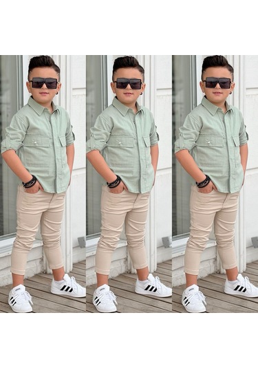 Modavals Kapaklı Cep Detaylı Gömlek & Gabardin Pantolon Erkek Çocuk Alt Üst Takım Yeşil