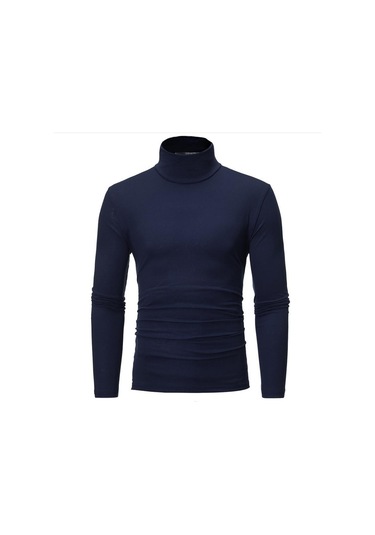 Lacivert Erkekler Sonbahar Kazaklar Uzun Kollu Balıkçı Yaka T-shirt Katı Temel Kış Moda Üst Lacivert