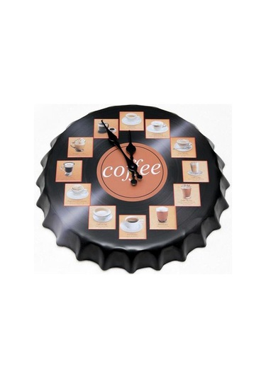 Cajuart Kahve Çeşitleri Metal Kapak Şeklinde Kabartma Duvar Saati Siyah
