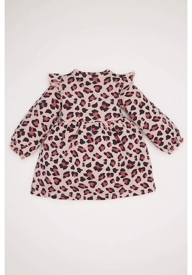 DeFacto Kız Bebek Leopar Desenli Bisiklet Yaka Düğmeli Uzun Kollu Elbise D7423A524WNPN243 Pembe