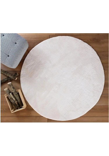 Krem Fluffy Yuvarlak Post Peluş Halı Antibakteriyel Kaymaz Taban