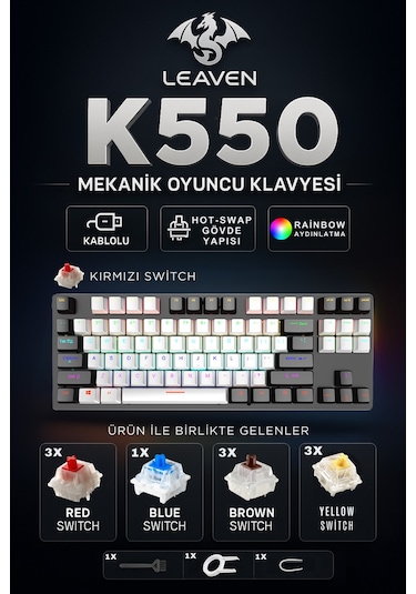 K550 Mekanik Oyuncu Klavyesi -değiştirilebilir Switch- Rainbow Rgb Aydınlatma-87 Tuş - Red Switch