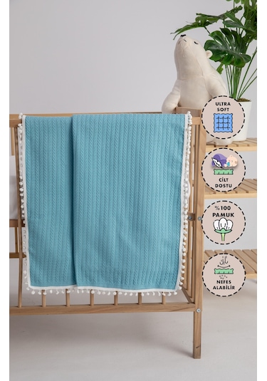 %100 Pamuk Cherry Bebek Battaniyesi Pamuklu Pike 100x120 - Turkuaz