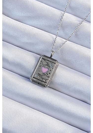 316l Çelik Zincir Eskitme Gümüş Renk Pembe Mineli Kalp Figürlü Tarot Kolye - Tj-bko9232
