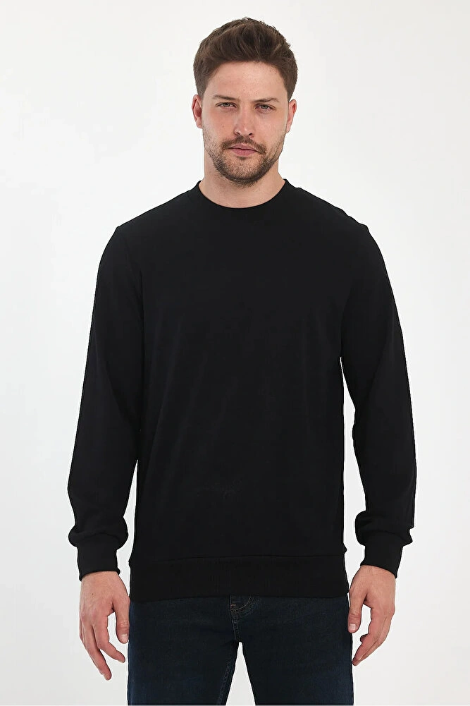 Erkek Bisiklet Yaka Baskısız Rahat Kalıp Mevsimlik Sweatshirt Siyah