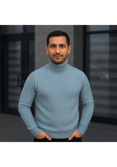 Erkek Balıkcı Yaka Bağazlı Triko Kazak Pamuklu Kalın Fitilli Dokuma, Regular Fit Uzun Kollu Kışlık Model - Bebe Mavisi Mavi