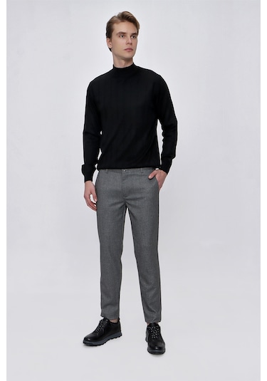 MORVEN  Erkek Gri Poliviskon Desenli Slim Fit Pantolon