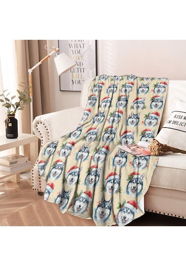 Husky Desenli Yuvarlak Polar Battaniye, Yumuşak & Hafif, 47 İnç-a4 Husky Santa Hat