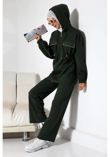 Kadın Mevsimlik Penye Alt Üst Spor Ve Rahat Haki Ikili Tunik Pantolon Şık Tesettür Takım Haki